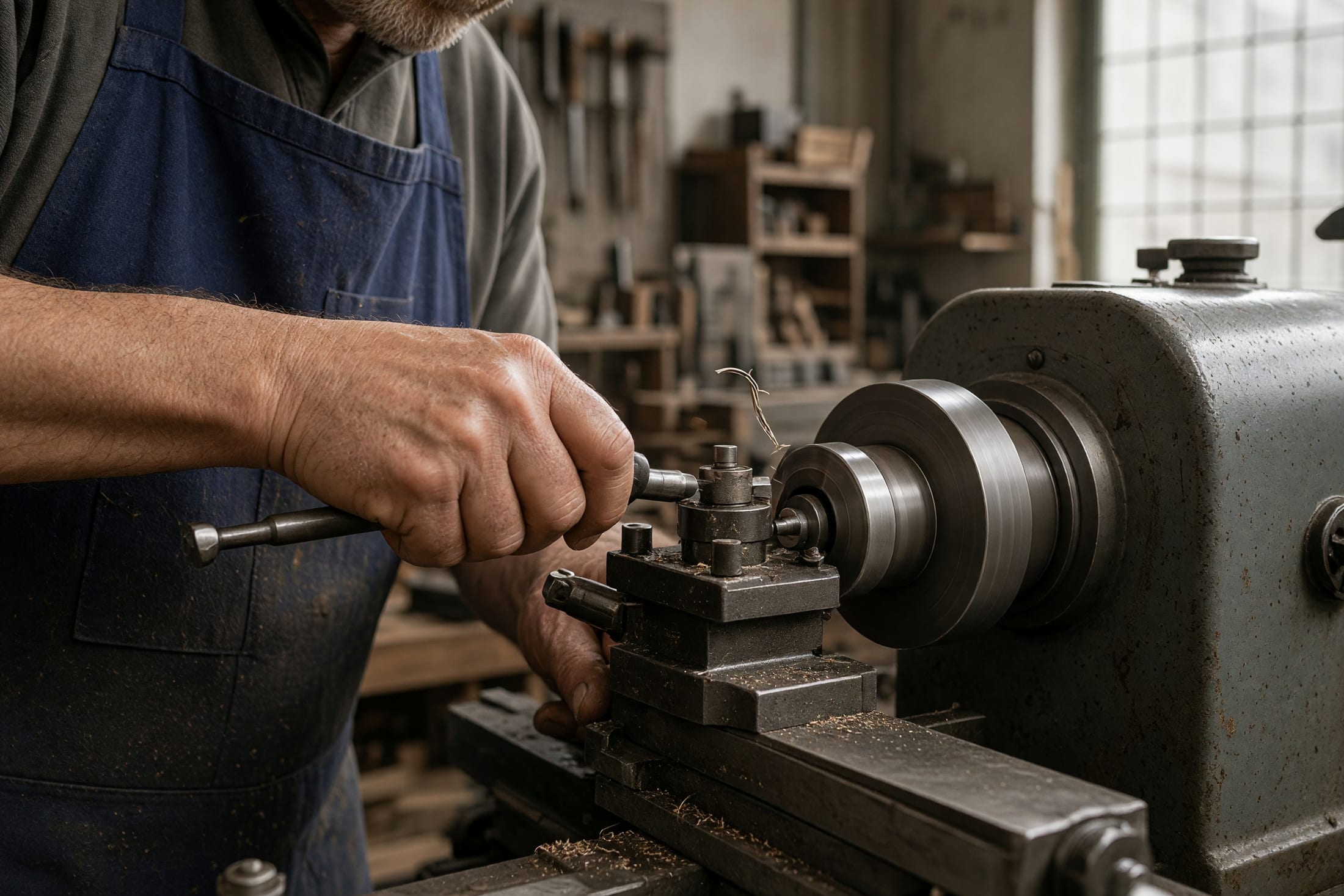Die Hand eines Feinmechanikers führt den Meissel an der laufenden Drehbank, ein dünner Metallspan rollt sich ab.
