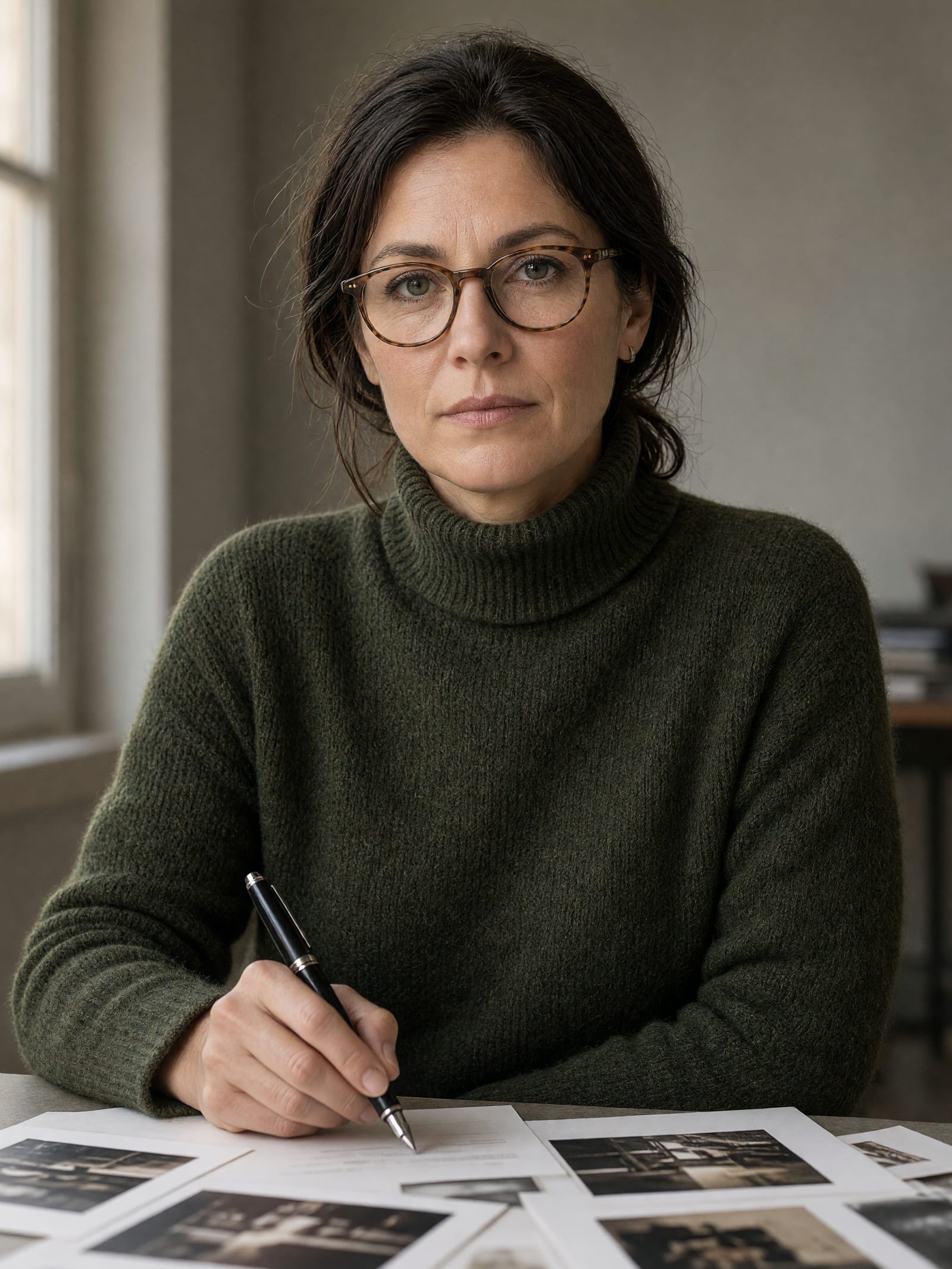 Valerie Schöning hält einen Füller über Proof-Abzügen an einem Studiotisch, dunkelolivfarbener Rollkragenpullover, direkter Blick.