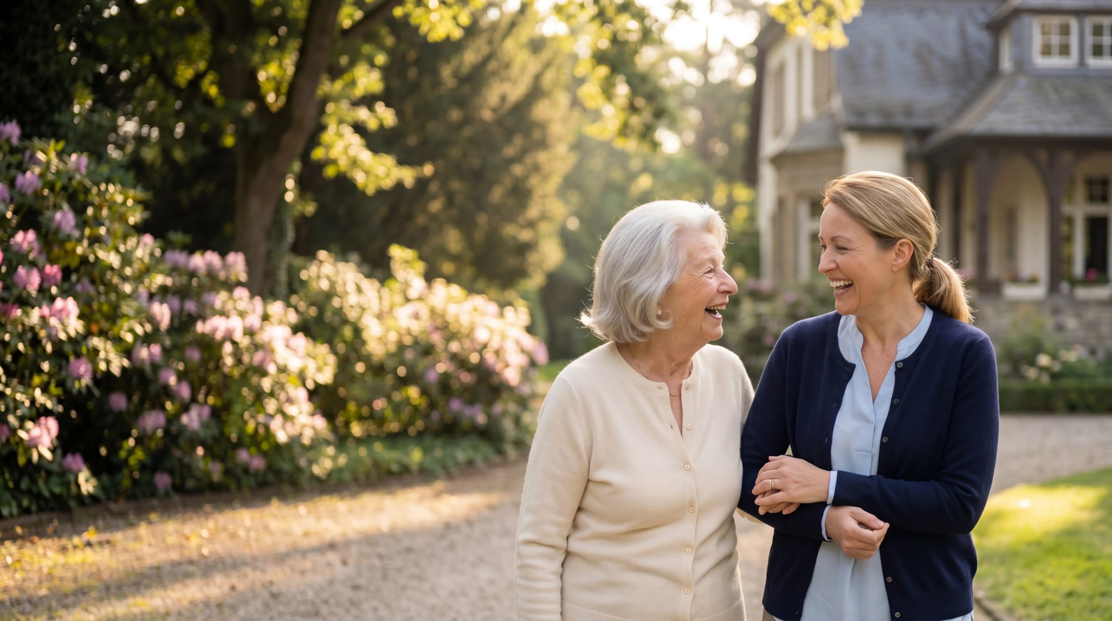 Zwei Frauen gehen bei warmem Tageslicht durch einen Garten.